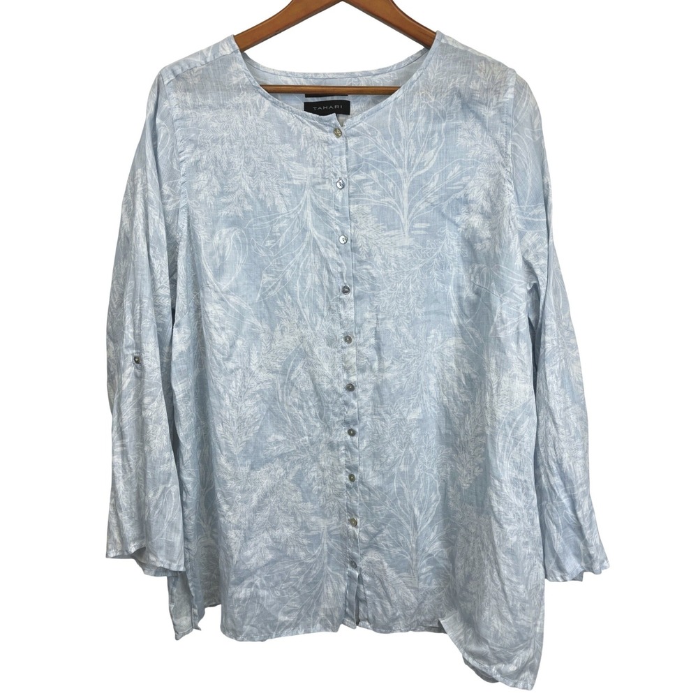 Tahari Women 1X 100% Linen Top Light Blue White Botanical Print Cottage Boho